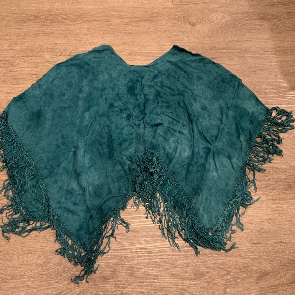 Teal Acid Wash Fringe Poncho Size XS